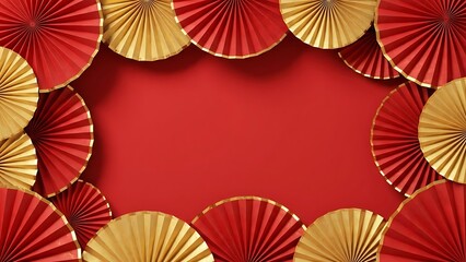 3D Render of a festive red and gold fan frame on a vibrant background, perfect for Asian inspired celebrations or marketing, with ample copy space for text