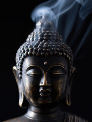 Close-up of Bronze Buddha Statue with Rising Incense Smoke on Black Background