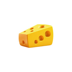 A vibrant yellow cheese wedge with holes isolated on white.