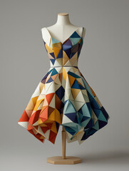 Geometric origami style dress on mannequin isolated on neutral background