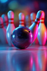Glossy bowling ball about to hit colorful pins with neon bokeh