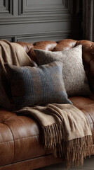 Cozy brown sofa with patterned pillows in warm neutral living room