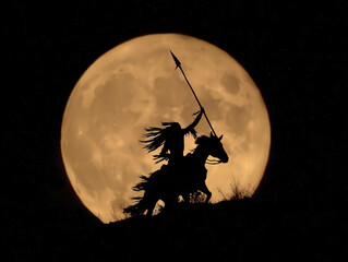 Silhouette of warrior on horseback against massive full moon