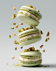 Stacked pistachio macarons with falling nuts on light background
