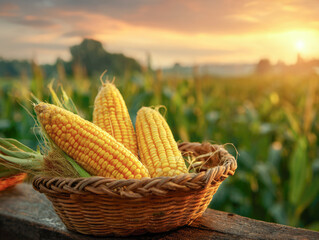 resh corncob in a wooden basket at organic corn field or maize field at agriculture plantation field in the morning sunrise	