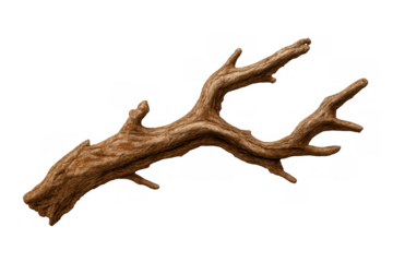 Dry natural wood branch with rough texture, isolated element, featuring dead tree part with unique shape and pattern