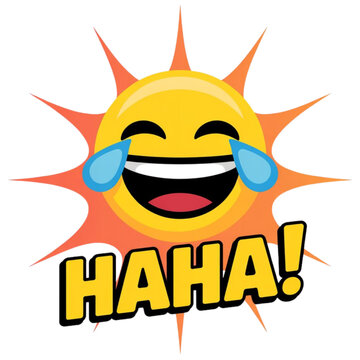 Laughing sun emoji with haha text Vector, illustration