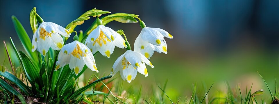 Close up of snowdrop flowers with green leaves and bokeh background