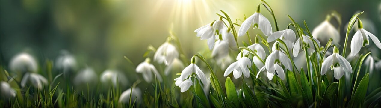 Close up of snowdrop flowers with sunlight and green background