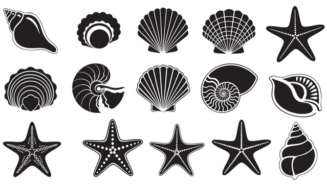 Collection of sea creature and shell icons in flat design style