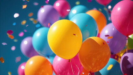 Bright Festive Balloons and Confetti Floating Against Blue Sky