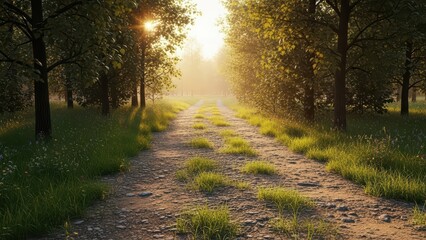 Fototapeta premium Sunlit Forest Path Scenic Dirt Road Through Trees, Nature Landscape