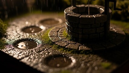 An old well stands on a stone platform in a rainy scene with moss and puddles.
