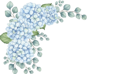 Soft watercolor floral corner border featuring hydrangeas and eucalyptus in pastel blue isolated on white background