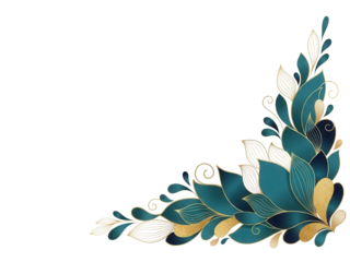 Teal and gold abstract floral corner composition for luxury branding isolated on white background
