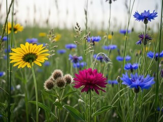 Fototapeta premium Colorful Wildflower Meadow Sunflower, Cornflowers, and Aster Flowers in Bloom
