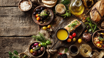 Mediterranean appetizer platter with salmon bruschetta olives cherry tomatoes and olive oil on a rustic wooden table top view for gourmet dining healthy food background or restaurant menu concept