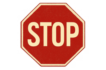 Red octagon stop sign presenting traffic safety regulation and warning with text message, isolated on transparent background