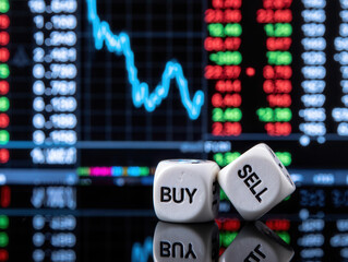 Buy and Sell Trading Dice on Stock Market Graph Background