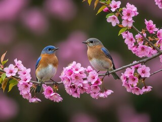 Obraz premium Eastern Bluebirds in Cherry Blossoms Springtime Serenity and Nature's Beauty