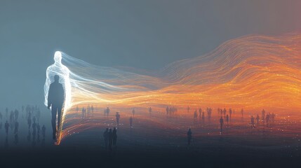 Abstract digital art concept showing a glowing human silhouette walking through a field of energy lines and particles with vibrant orange and blue light waves representing data and consciousness