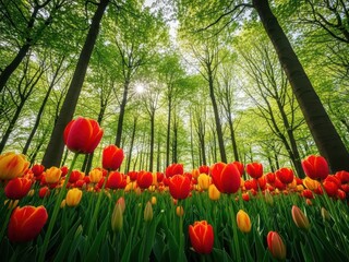 Obraz premium Tulips in Forest - Blooming Red and Yellow Flowers in Spring, Nature Background