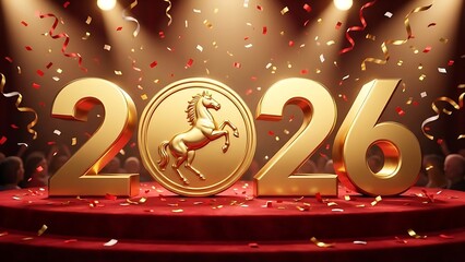 Golden 3D 2026 celebration with majestic horse emblem, sparkling confetti, and spotlights on a red stage. Ideal for New Year prosperity and future