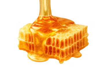 Golden honey flowing over a piece of honeycomb, a natural and sweet food item. Transparent background