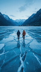 Brave Kids Exploring Vast Frozen Lake with Large Ice Cracks