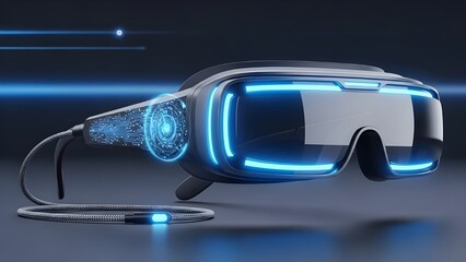 A sleek, high-tech pair of augmented/virtual reality glasses featuring glossy black frames, bright blue glowing LED accents around the lenses