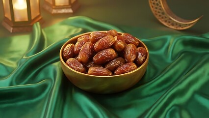 Luxurious golden bowl brimming with sweet, nutritious dates, beautifully presented on shimmering emerald green silk cloth, set against a softly blurred festive backdrop