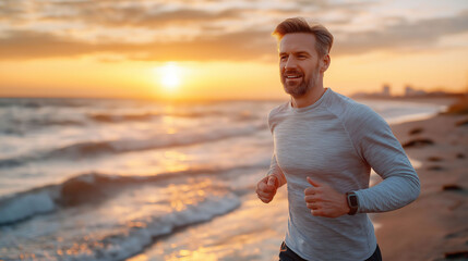 A man is running on the beach at sunset. He is smiling and he is enjoying himself