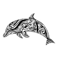 Neo tribal maori dolphin isolated, vintage vector line flat style, polynesian 