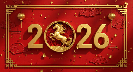 Chinese New Year 2026 Celebration with Golden Horse and Festive Decorations, Perfect for Greeting Cards & Commercial Uses