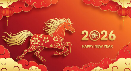 Chinese New Year 2026 Greeting Card: Symbolic Horse with Flowers, Lanterns, and Clouds