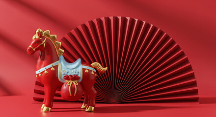 Chinese New Year Decoration: Red Horse Ornament with Fan Background for Festive Greetings, Symbolic of Prosperity and Good Fortune