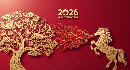 Elegant Chinese New Year 2026 Illustration - Golden Horse and Tree on Red Background for Festive Designs