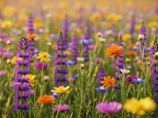 Fototapeta premium Colorful Wildflower Meadow Blooming in Summer, Nature Background