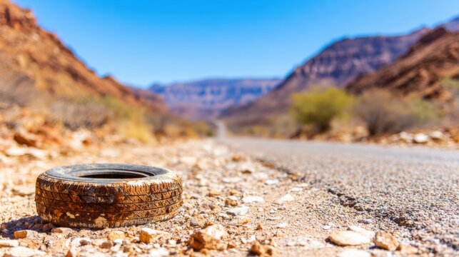 Old tire rests on roadside in desert area with mountains in background