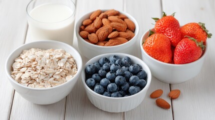 Healthy breakfast ingredients arranged in bowls, featuring oats, almonds, strawberries, blueberries, and a glass of milk on a wooden surface
