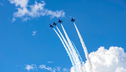 Formation of four aircraft performing aerial maneuvers, leaving trails of white contrails against a bright blue sky with fluffy clouds