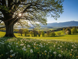 Obraz premium Idyllic Spring Landscape Blooming Meadow, Majestic Tree, and Mountain View