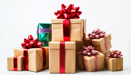 Obraz premium Stack of wrapped gifts with red ribbons on a white background indoors isolated on white background