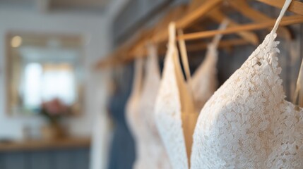 Bridal dresses hanging in shop ready for wedding season