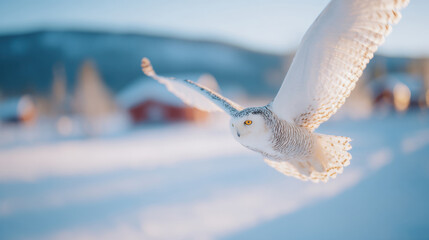 Snowy owl gliding over winter landscape in bright daylight conditions