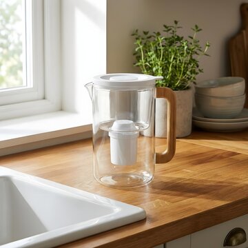 Reusable water filter pitcher on counter