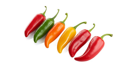 png shot Set of six Fresh multicolor chili peppers on a transparent white background