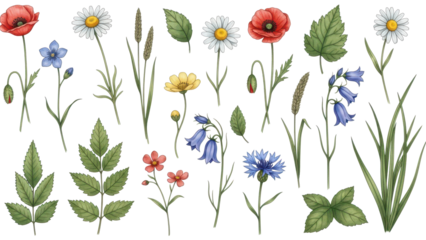 Set watercolor wild flowers, leaves and grass Collection botanic garden elements Vector isolated illustration in vintage style
