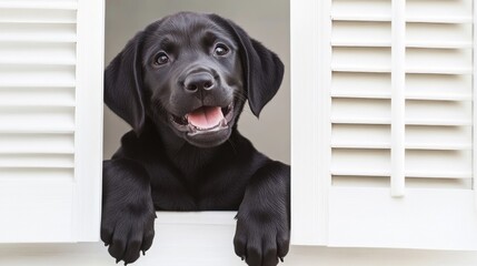 Happy black puppy looking out from white window shutters on a sunny day