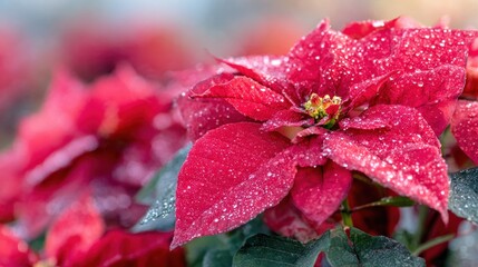 Bright red flowers with water droplets on leaves in a garden setting